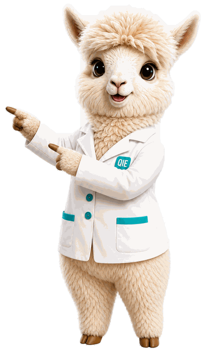 Chicchi, mascota de QIE, señalando el contenido principal del catálogo académico